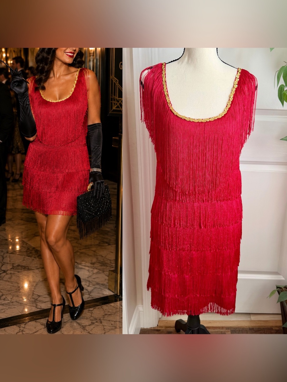 California Costume Collections Vintage 90s Fringe Gatsby Flapper Dress Red Sz M